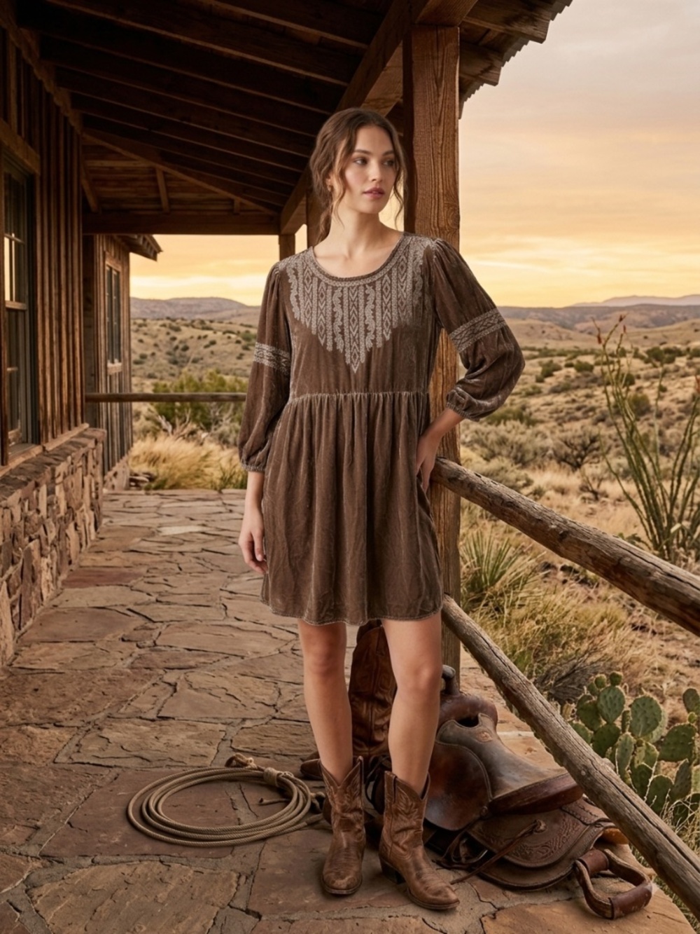 Boho Stetson Khaki Velvet Embroidered Dress Medium New With Tags, Western